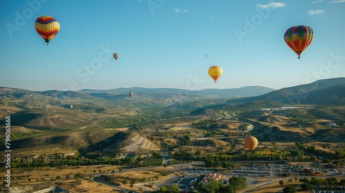 colorful hot air balloon festival, with very clear skies in the hills AI generated