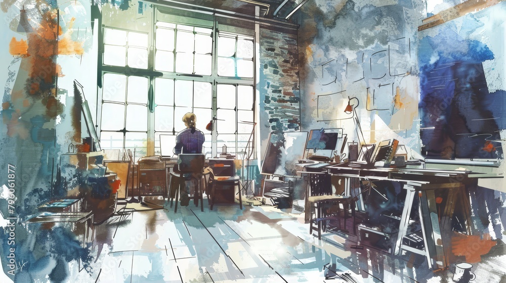 Artists collaborating in a bright, messy studio, rendered in watercolors to reflect the creative process and unscripted collaboration Artists collaborating in a bright, messy studio, rendered in watercolors to reflect the creative process and unscripted collaboration