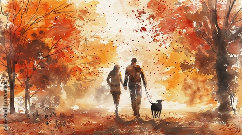 A couple walking their dog in the park, autumn leaves falling, rich golden and red hues, watercolor style, real emotion
