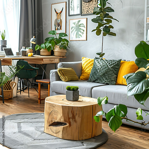 The modenr boho interior of living room in cozy apartment with design coffee table, gray sofa, wooden cube honey yellow pillow, desk, green armchair, plants and elegant accessories. Modern home decor. photo