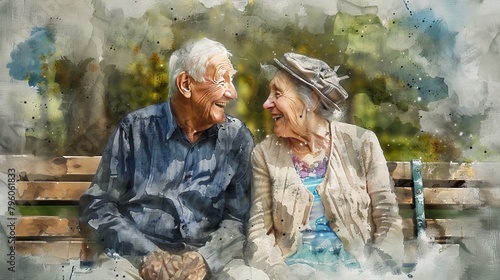 An elderly couple laughing over a shared joke, sitting on a park bench, their wrinkles a map of genuine emotions, painted in watercolors