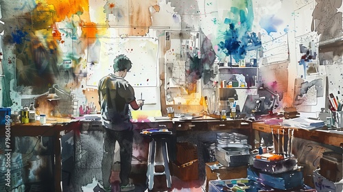 Artists collaborating in a bright, messy studio, rendered in watercolors to reflect the creative process and unscripted collaboration