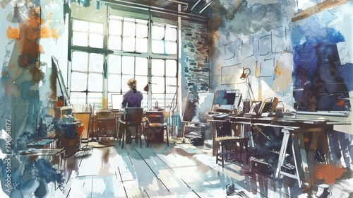 Artists collaborating in a bright, messy studio, rendered in watercolors to reflect the creative process and unscripted collaboration