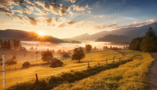 sunrise over the mountains,grass, mountains, cloud, meadow, field, sun, tree, 