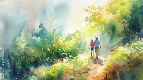 Spontaneous watercolor scene of friends hiking on a misty mountain trail, vibrant greens and earth tones, morning light