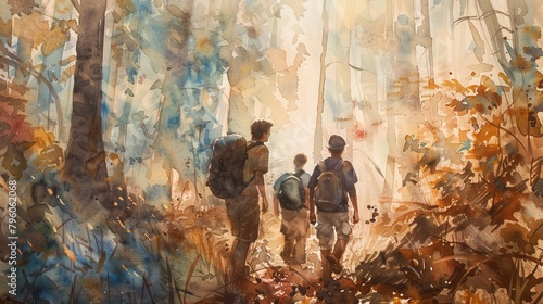 Vibrant watercolor of friends hiking through a misty forest, emphasis on laughter and candid moments, earthy colors