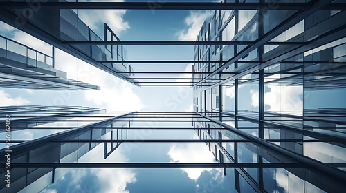 Wall of building, modern architecture with metal elements, building with transparent ceiling, sky view