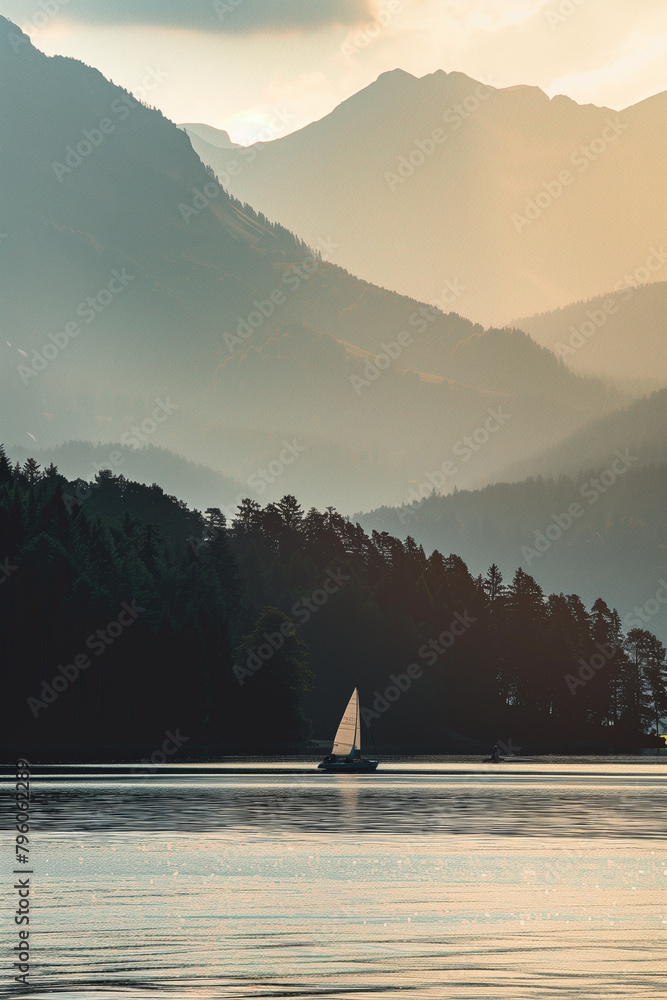 boat sailing on lake, mountains and pine trees in the background, sunset, back light