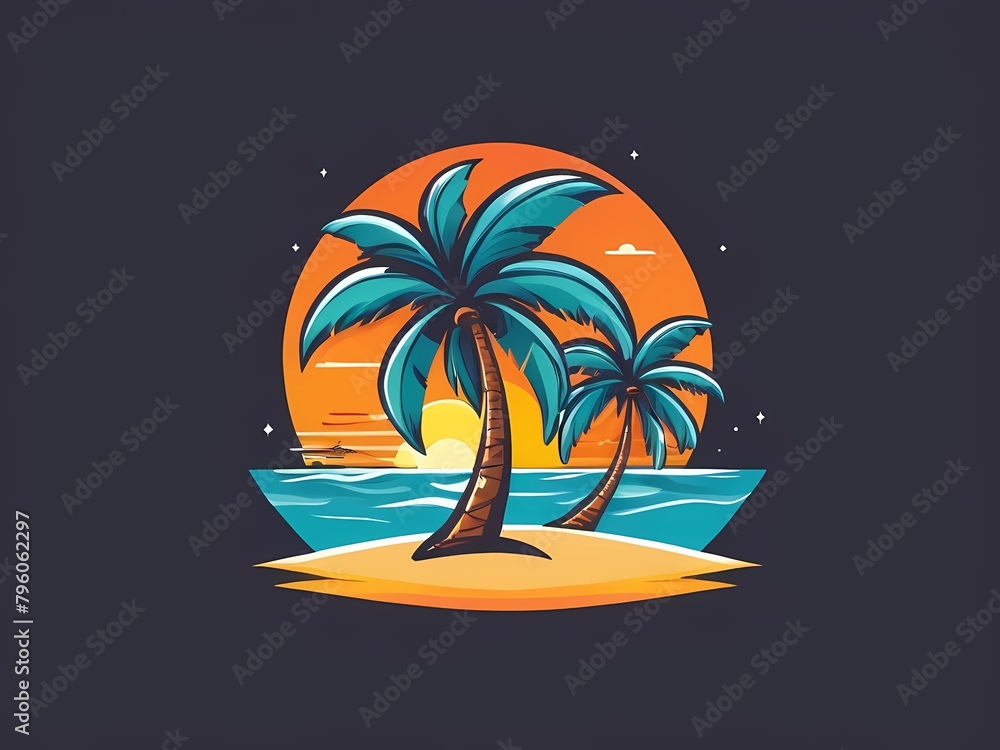 Illustration Summer time, sea and beach with coconut trees