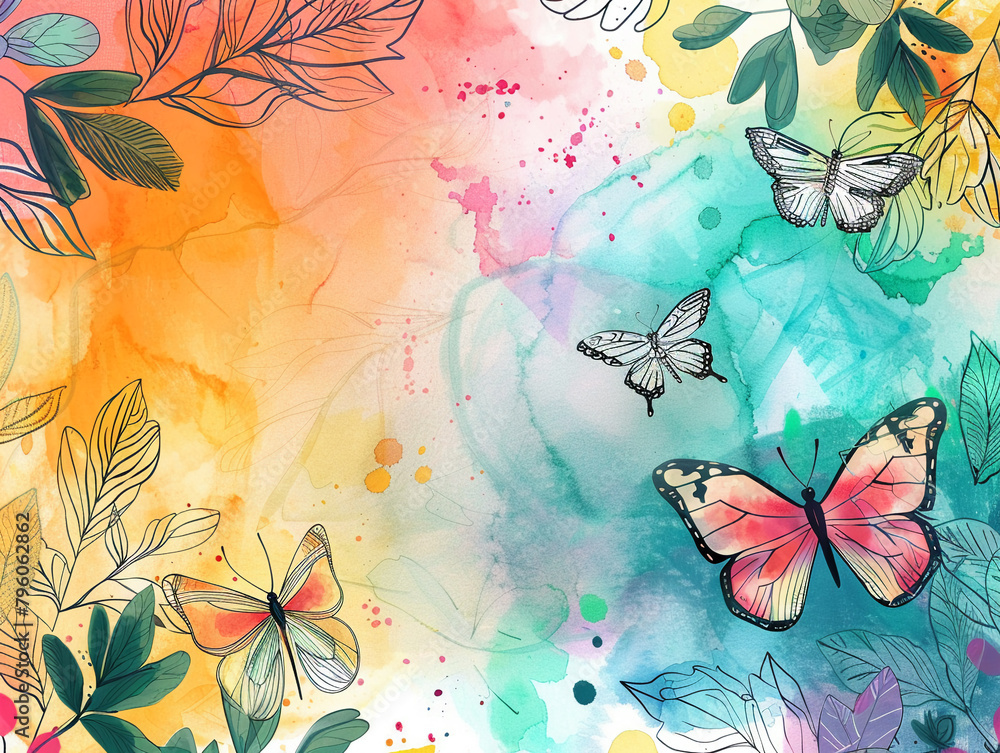 Bright and colorful doodles of butterflies and flowers on a watercolor background, surrounded by leaves with generous copy space for messaging Bright and colorful doodles of butterflies and flowers on a watercolor background, surrounded by leaves with generous copy space for messaging