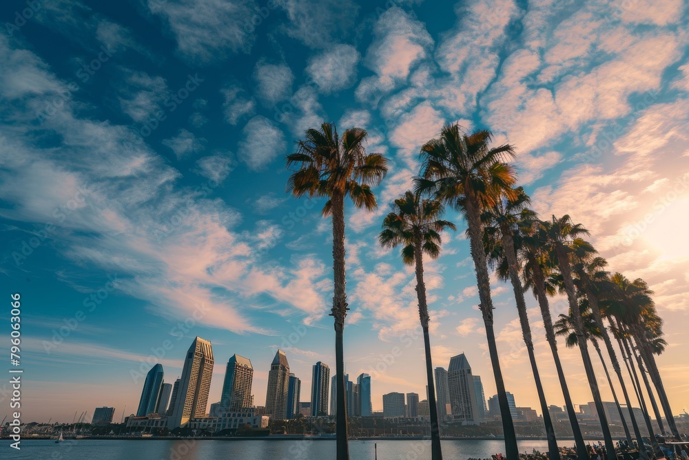 Obraz premium Beautiful San Diego skyline with palm trees, Ai generated