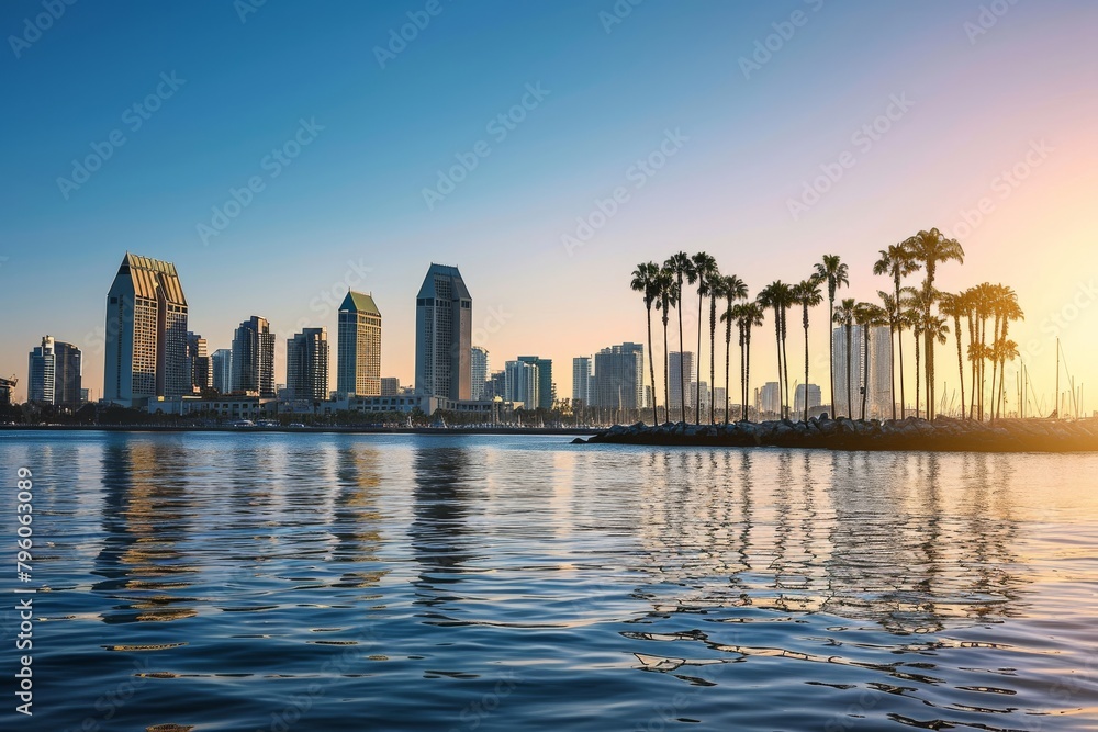 Obraz premium Beautiful San Diego skyline with palm trees, Ai generated