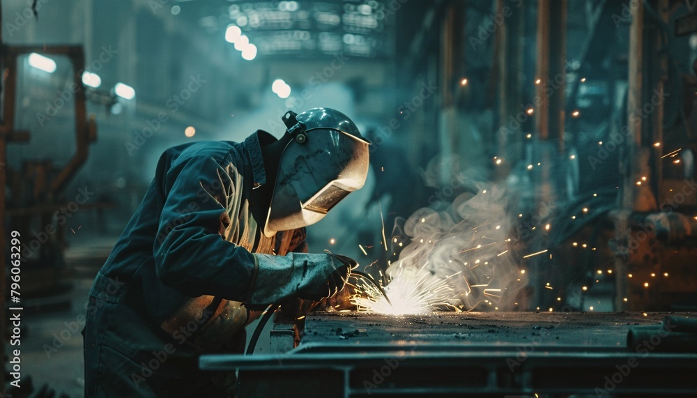 Close up portrait view of professional mask protected welder man in uniform working on the metal sculpture at the table in the industrial fabric workshop in front of few other workers. Close up portrait view of professional mask protected welder man in uniform working on the metal sculpture at the table in the industrial fabric workshop in front of few other workers.