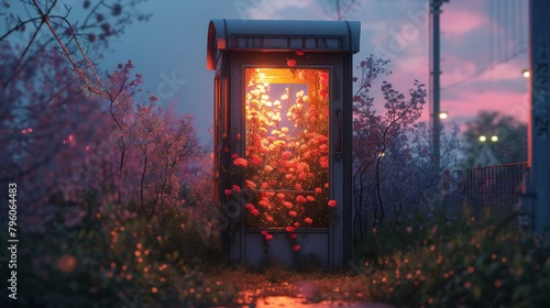 Amidst urban decay, a solitary telephone booth becomes a haven for blooming flowers, offering a glimpse of beauty.