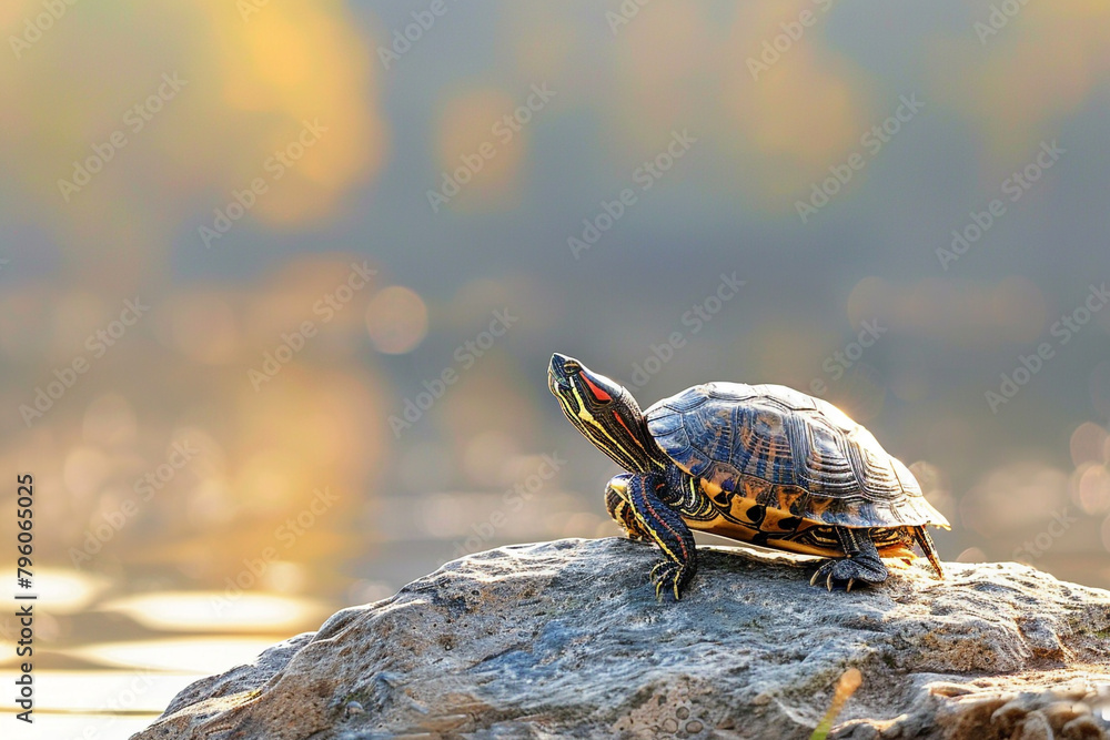 Basking Turtle on Sunlit Rock A basking turtle perched on a sunlit rock its shell gleaming in the warm sunlight as it absorbs the heat and energy to regulate 