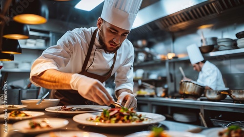 male chef serving food on a white plate working in a restaurant