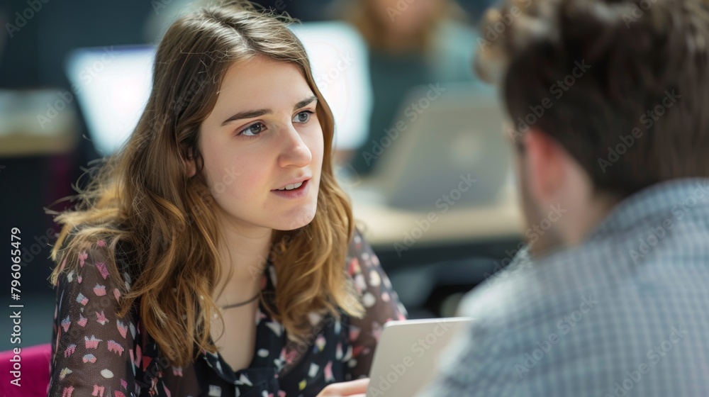 Focused Young Woman in a Conversation at Work Focused Young Woman in a Conversation at Work