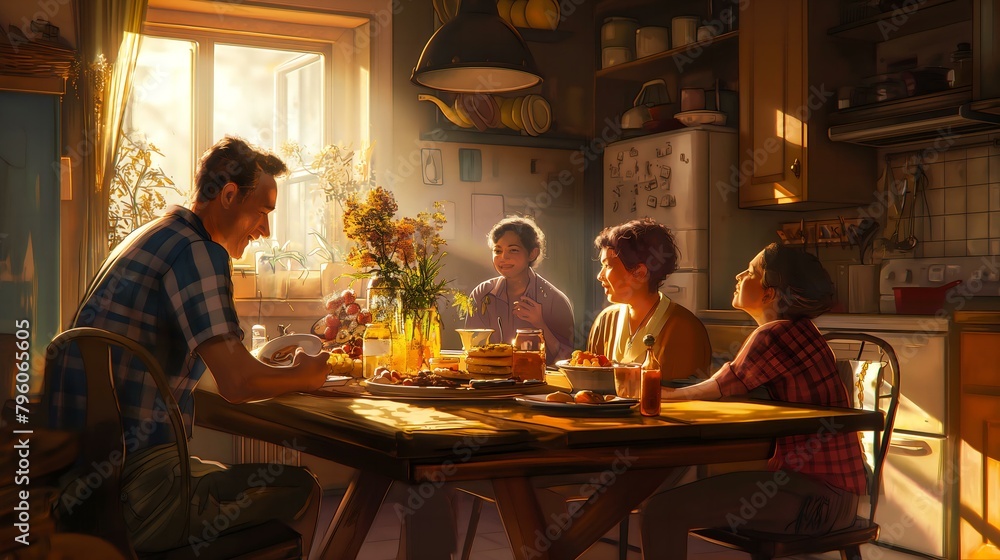 A family is sitting around a table in a kitchen, enjoying a meal together. Scene is warm and inviting, as the family members are smiling and sharing food. The table is set with plates, cups, and bowls A family is sitting around a table in a kitchen, enjoying a meal together. Scene is warm and inviting, as the family members are smiling and sharing food. The table is set with plates, cups, and bowls