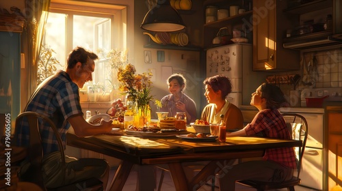 A family is sitting around a table in a kitchen  enjoying a meal together. Scene is warm and inviting  as the family members are smiling and sharing food. The table is set with plates  cups  and bowls