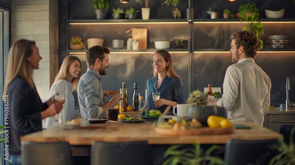 A group of people are gathered around a table in a kitchen, enjoying each other's company and sharing food and drinks. The atmosphere is warm and friendly, with everyone smiling and laughing A group of people are gathered around a table in a kitchen, enjoying each other's company and sharing food and drinks. The atmosphere is warm and friendly, with everyone smiling and laughing