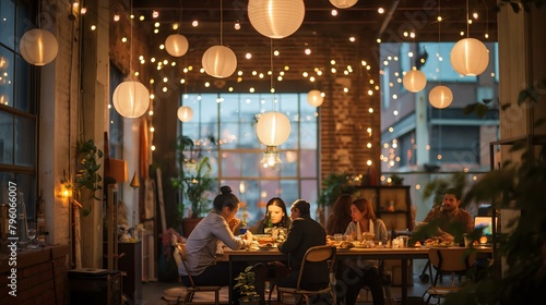 A group of people are sitting around a table in a restaurant with white lanterns hanging from the ceiling. Scene is warm and inviting, as the group of people seem to be enjoying each other's company