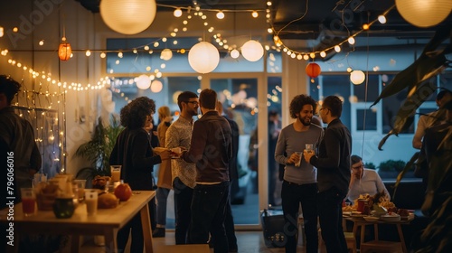 A group of people are gathered in a room with lights on and a table with food. Scene is social and festive