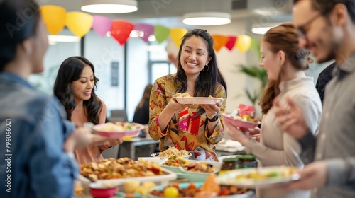 A group of people are gathered around a buffet table, smiling and enjoying a meal together. The atmosphere is warm and friendly, with everyone sharing food and conversation