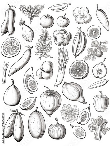 A drawing of various fruits and vegetables, including apples, oranges, and bananas. The drawing is in black and white and has a vintage feel to it