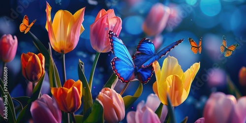 A colorful field of flowers with a blue butterfly flying in the background. Concept of peace and tranquility, as the vibrant colors of the flowers and the butterfly create a serene