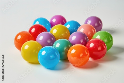 A bunch of colorful plastic balls are scattered on a white background. The balls are of various sizes and colors, creating a vibrant and playful atmosphere