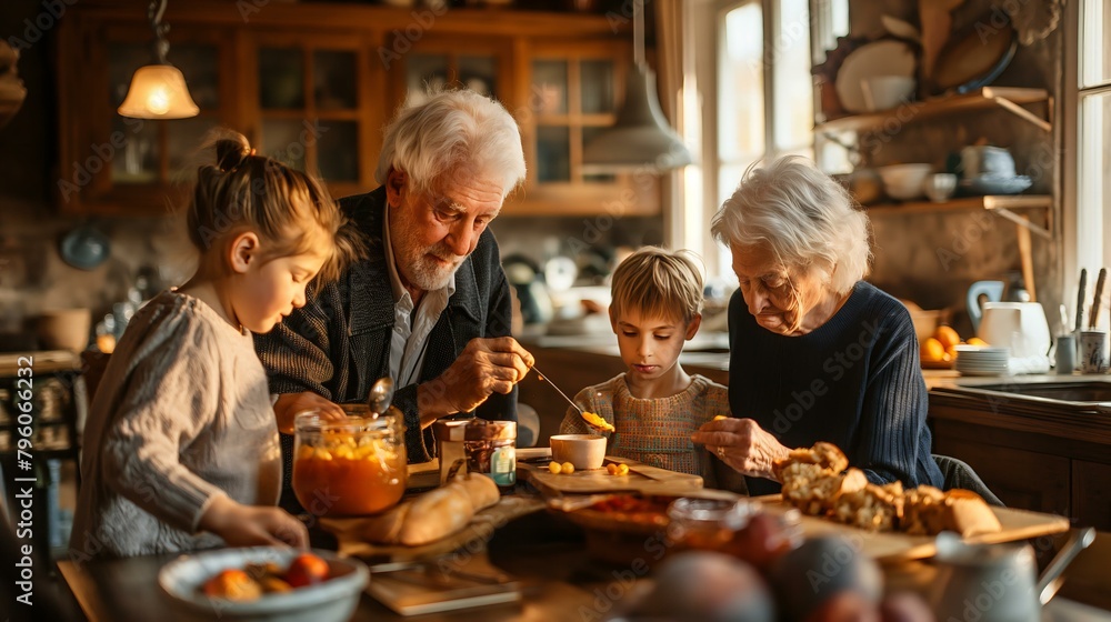 A family of four is gathered around a table in a kitchen, enjoying a meal together. The older members of the family are sitting on chairs, while the younger ones are standing A family of four is gathered around a table in a kitchen, enjoying a meal together. The older members of the family are sitting on chairs, while the younger ones are standing