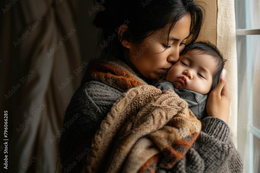 A woman is holding a baby in her arms. The baby is sleeping and the woman is kissing the baby's forehead. Concept of warmth and love between the mother and her child