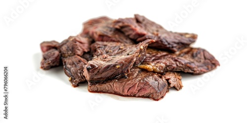 A pile of meat with a white background. The meat is brown and has a spicy flavor. Concept of indulgence and satisfaction, as the meat is cooked to perfection and ready to be enjoyed