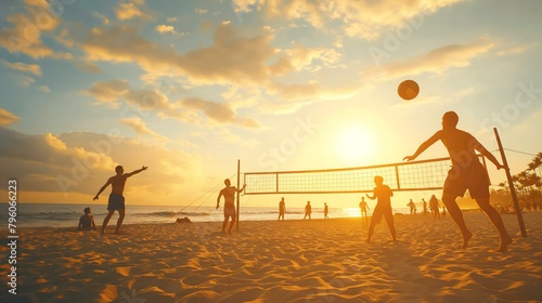 Fototapeta Naklejka Na Ścianę i Meble -  A group of people playing volleyball on a beach at sunset. The sky is filled with clouds, and the sun is setting in the background
