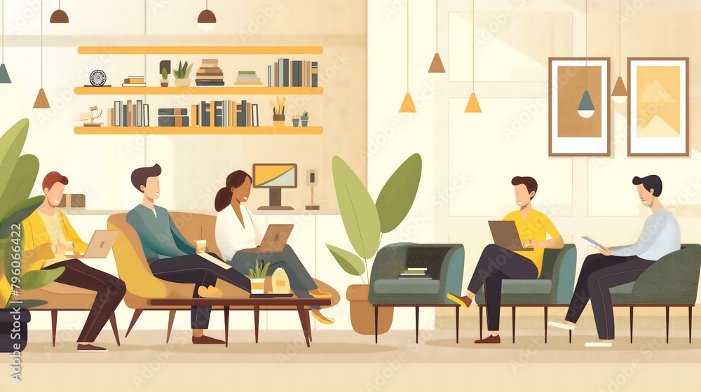 A group of people are sitting in a room with a potted plant in the middle. The room has a casual and relaxed atmosphere, with people working on their laptops and enjoying each other's company A group of people are sitting in a room with a potted plant in the middle. The room has a casual and relaxed atmosphere, with people working on their laptops and enjoying each other's company