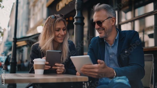 A man and woman sitting at a table with their tablets and a cup of coffee. They are smiling and seem to be enjoying their time together
