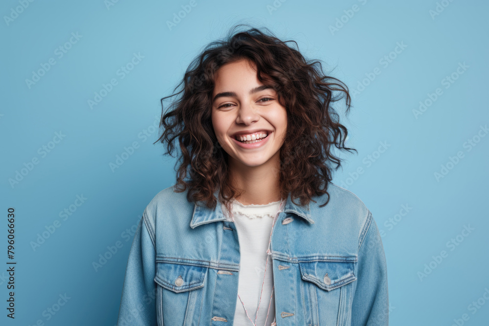 A woman with curly hair is smiling and wearing a blue jacket. She looks happy and confident. The blue jacket gives her a casual and relaxed vibe A woman with curly hair is smiling and wearing a blue jacket. She looks happy and confident. The blue jacket gives her a casual and relaxed vibe