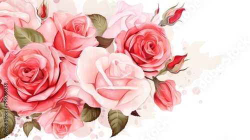 A bouquet of pink roses with green leaves. The roses are arranged in a way that they look like they are growing out of the paper. Scene is one of beauty and elegance