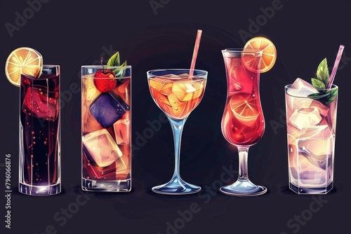 A series of drinks with straws in them, including a martini, a margarita, a daiquiri, a mojito, and a glass of soda