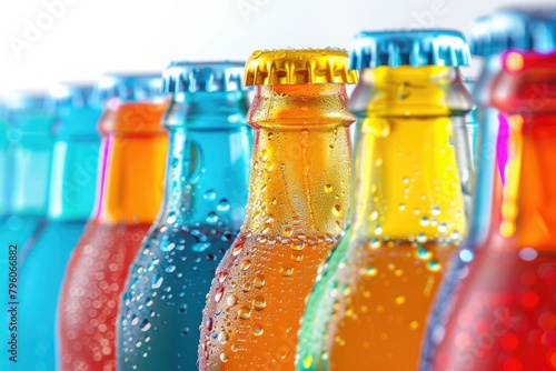 A row of colorful bottles of soda with a blue bottle in the middle. The bottles are all different colors and have a blue cap