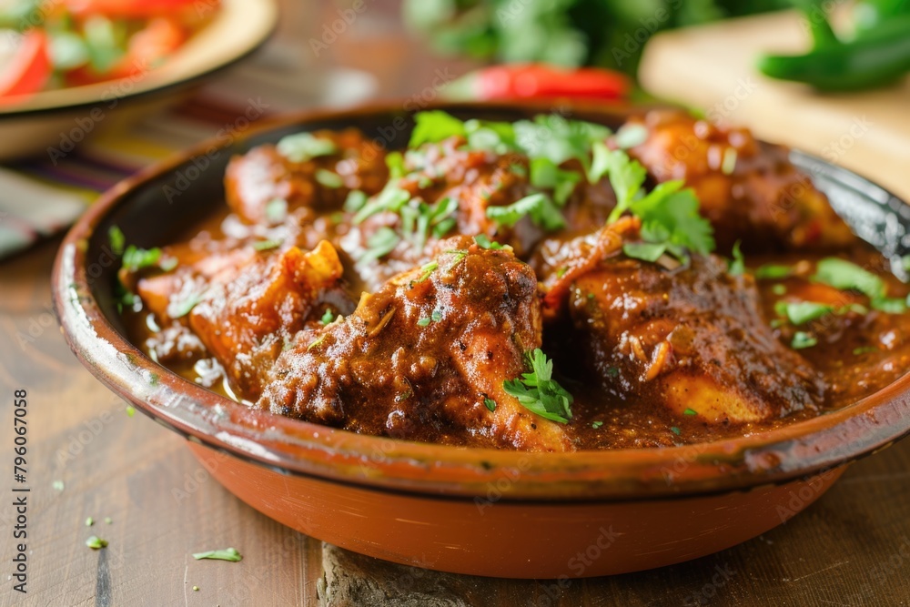 A bowl of red chili with green herbs and spices. The bowl is on a wooden table. The dish looks delicious and inviting A bowl of red chili with green herbs and spices. The bowl is on a wooden table. The dish looks delicious and inviting