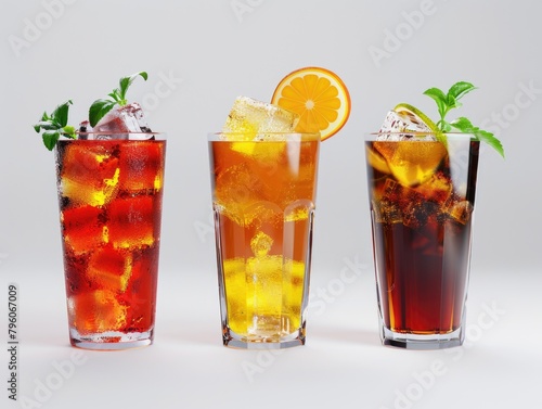 Three glasses of different colored drinks with ice cubes and a slice of orange. The drinks are served in a row
