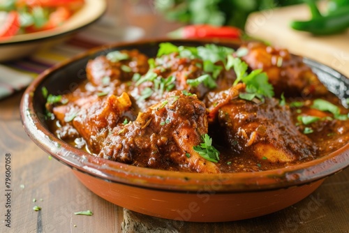 A bowl of red chili with green herbs and spices. The bowl is on a wooden table. The dish looks delicious and inviting