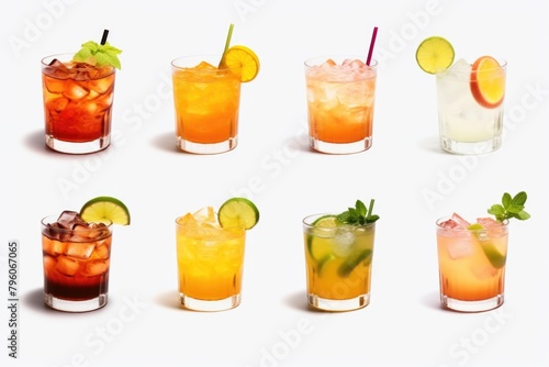 A row of glasses with different colored drinks in them. The drinks are all different colors and flavors, including orange, green, and pink. The glasses are lined up in a row