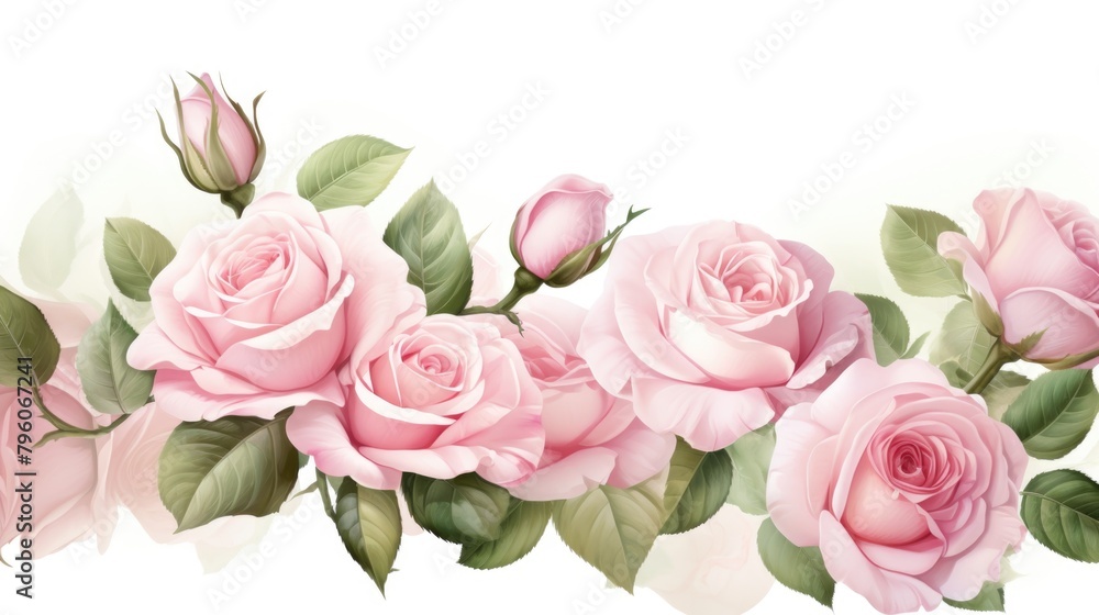A bouquet of pink roses with green leaves. The roses are arranged in a row, with some overlapping each other. Scene is one of beauty and elegance, as the roses are a classic symbol of love and romance