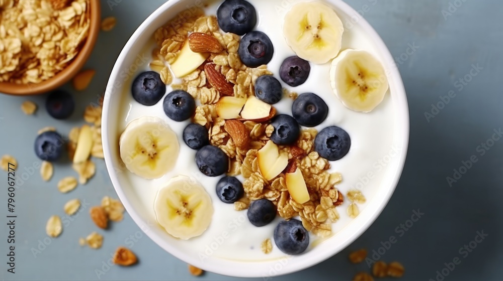 A bowl of cereal with blueberries and bananas A bowl of cereal with blueberries and bananas