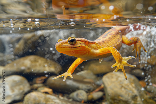 Newt Swimming in Clear Stream A newt swimming gracefully in the clear waters of a mountain stream its sleek body and webbed feet propelling