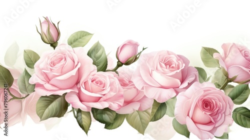 A bouquet of pink roses with green leaves. The roses are arranged in a row  with some overlapping each other. Scene is one of beauty and elegance  as the roses are a classic symbol of love and romance