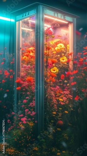 Flowers sprout from every crevice of a telephone booth  creating an otherworldly meadow.
