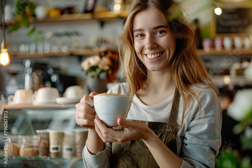 Skilled female barista hand-crafting and presenting a white ceramic mug of coffee. Cheerful young woman working at a restaurant counter photo